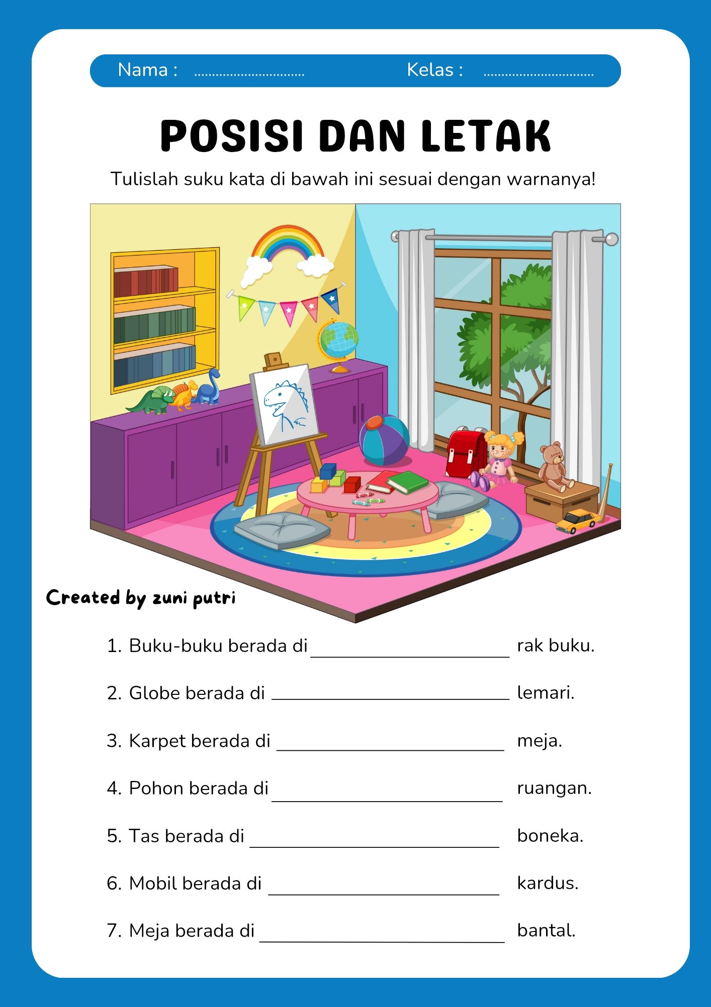 WORKSHEET POSISI DAN LETAK BENDA Kelas 1 sd Kelas tk Pendidikan dasar