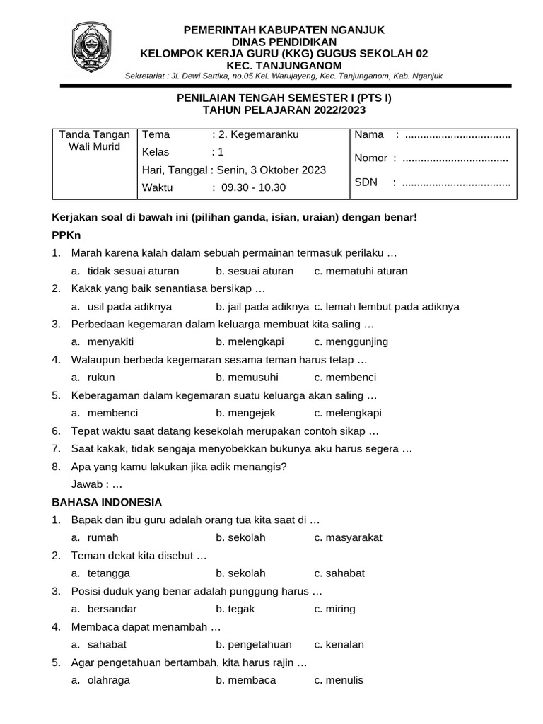 PTS I Kelas 1 Tema Kegemaranku PDF