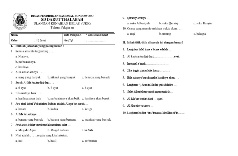 contoh soal keagamaan kelas 1 semester 2