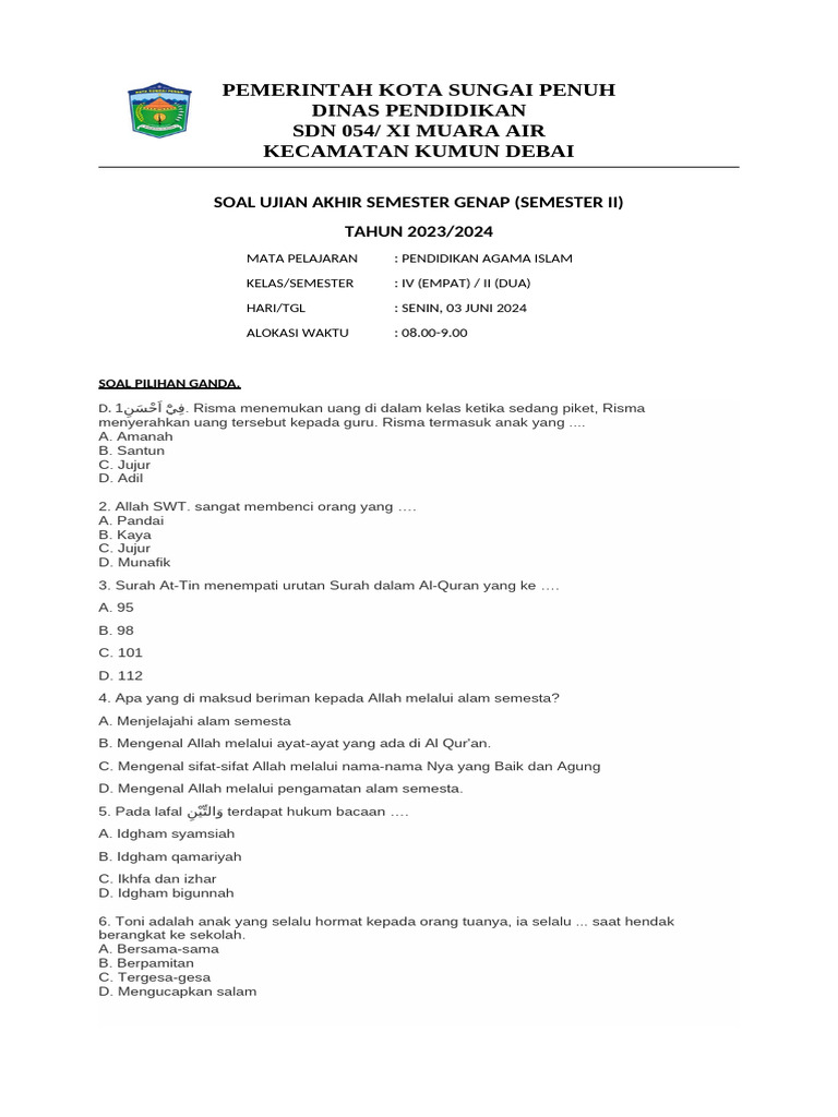 Soal Ujian Kelas 4 Semester 2 PDF Soal Ujian Kelas 4 Semester 2 PDF