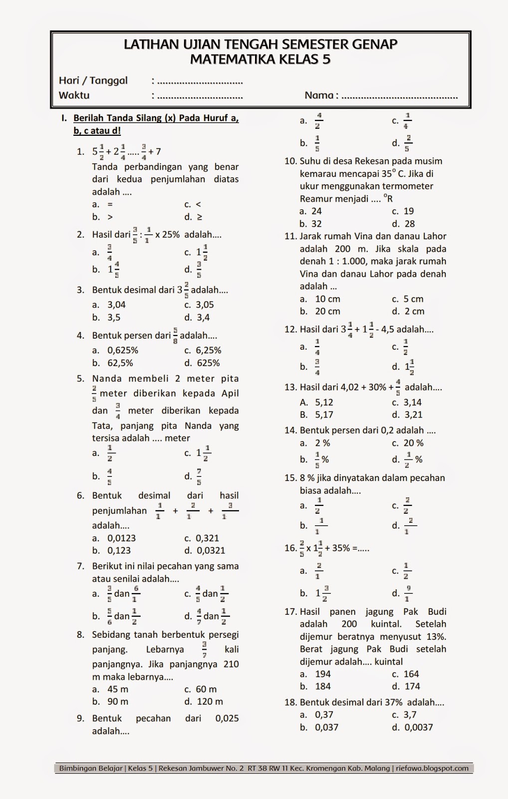 18 Soal Matematika Kelas 1 Sd Uts Semester 2 - Soal Jawaban