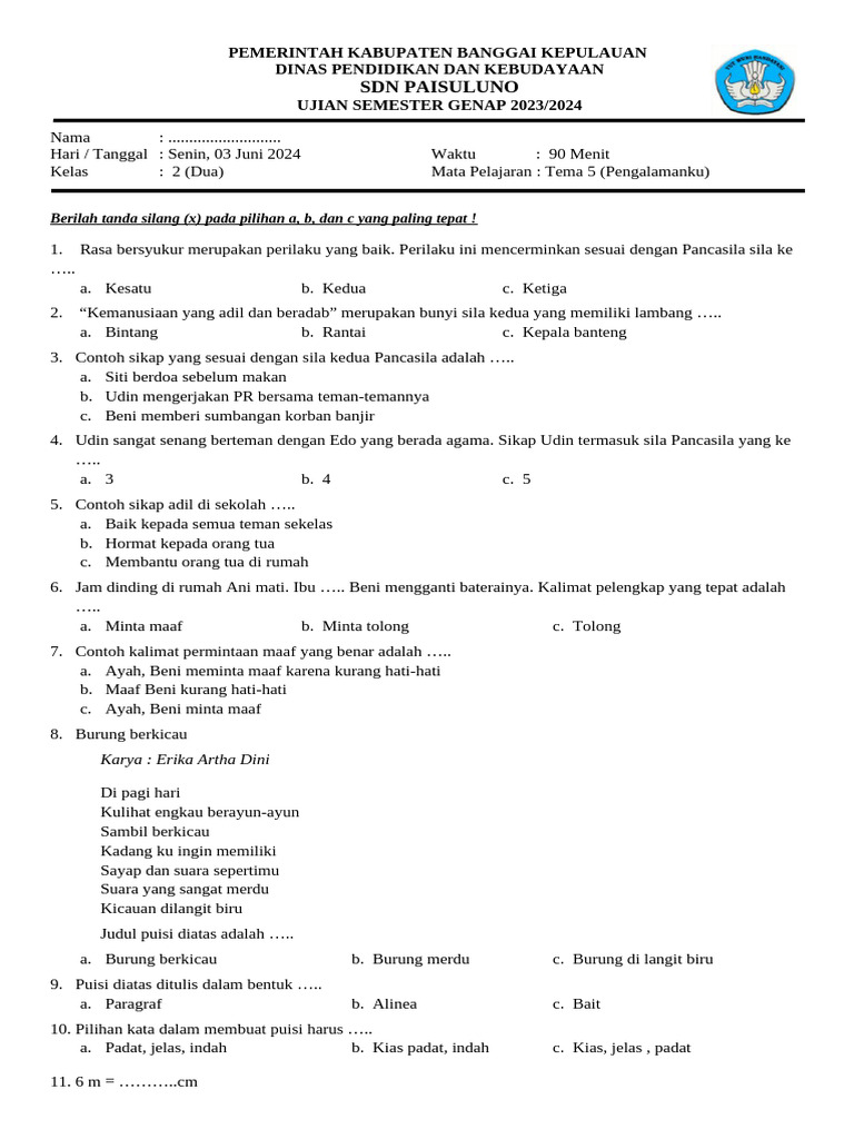 Ujian Semester Genap Kelas 2 SD 2024 PDF
