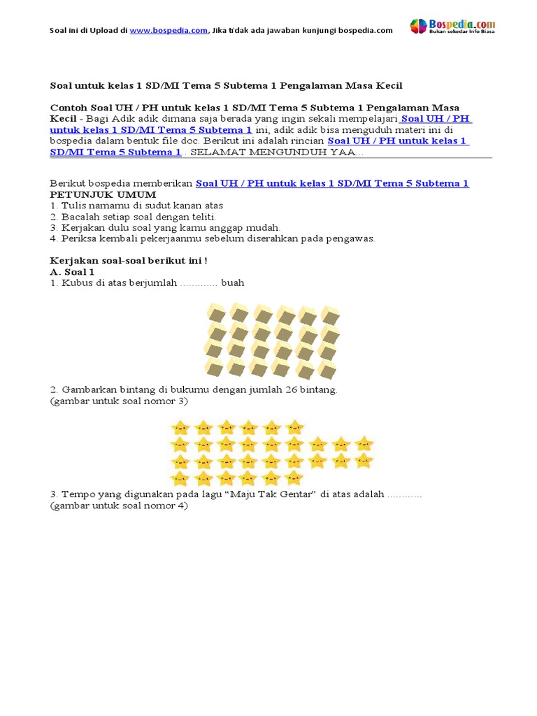 Soal UH PH Kelas 1 Tema 5 Subtema 1 PDF