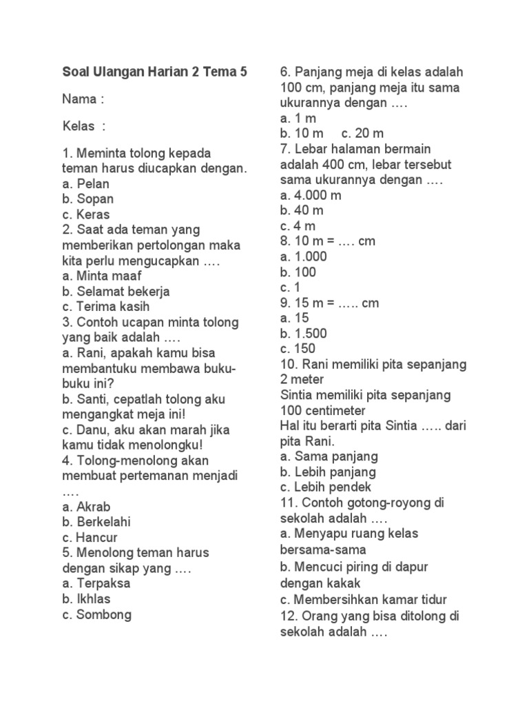 7 Rahasia Kuasai Contoh Soal Ulangan Harian Kelas 2 Tema 5 Subtema 1 yang Jarang Diketahui