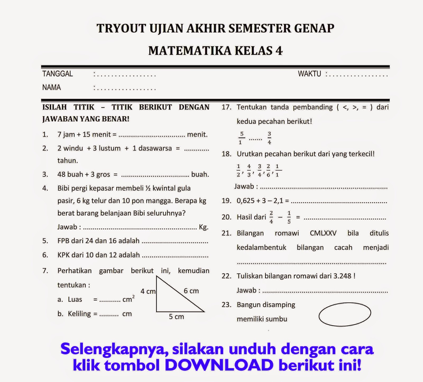 Download Soal UKK Matematika Kelas 4 Semester Genap Rief Awa Blog