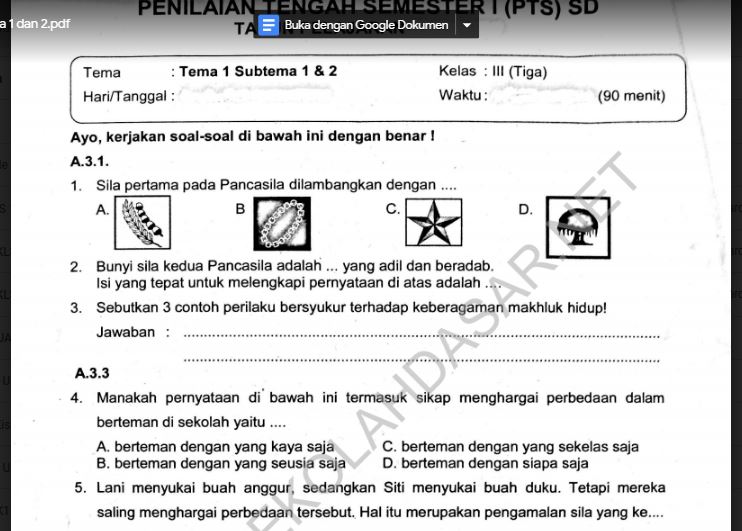 Soal Ulangan Kelas 3 K-13 Tema 1 Subtema 1 dan 2 - SekolahDasar Net