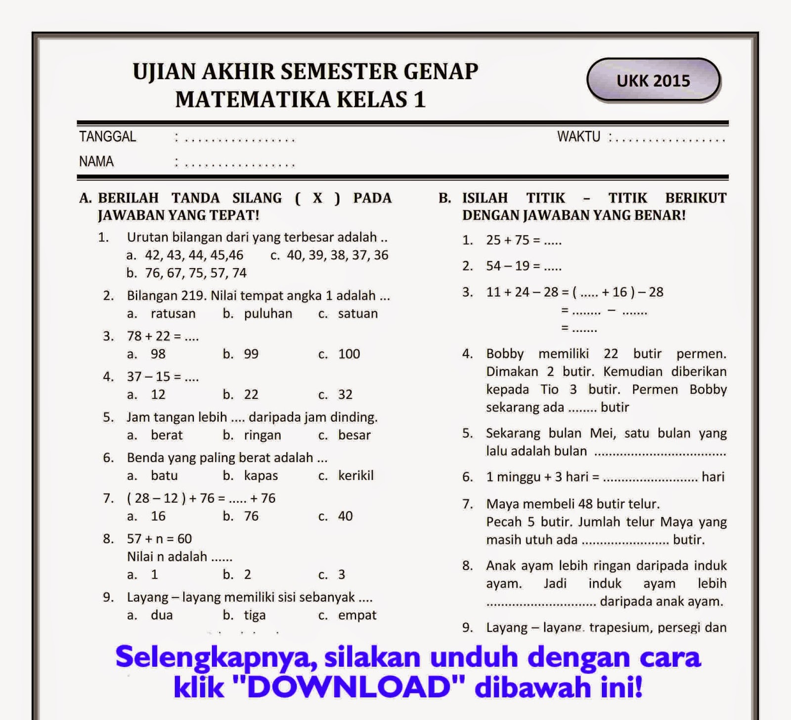 Mempersiapkan Buah Hati Menuju Sukses Contoh Soal UKK Kelas 1 SD