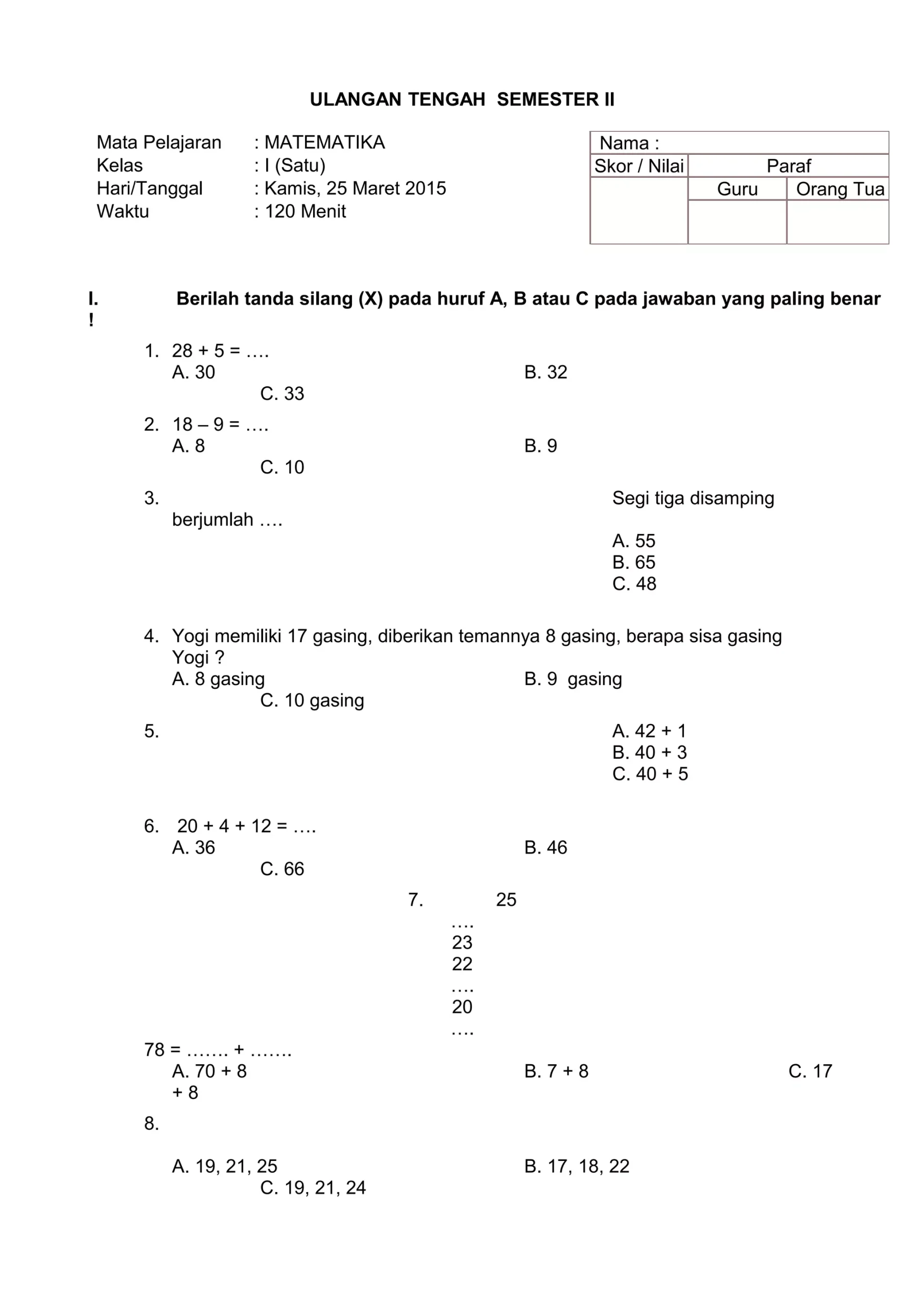 Soal uts ktsp matematika kelas 1 sd semester 2 ODT