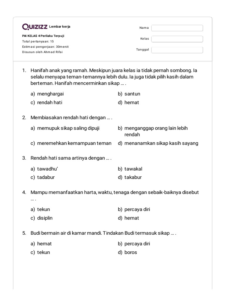Bocoran Soal Soal UTS Budi Pekerti Kelas 4 Terbaru Agar Nilai Anak Langsung Maksimal