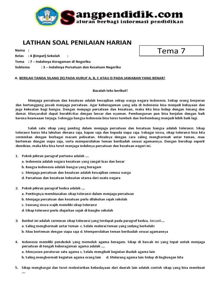 Latihan Mandiri Contoh Soal Tentang Sikap Toleransi Tema 7 Kelas 4 Agar Nilai Sempurna