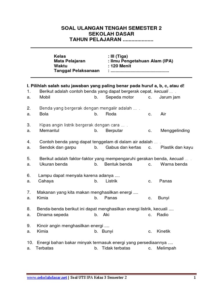 Rahasia Nilai Sempurna dengan Kumpulan Soal-soal IPA Kelas 1 SD Semester 2 Terbaru